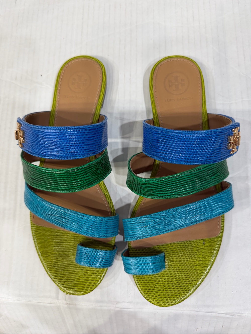 Tory Burch Blue, Teal & Green Triple-Strap Toe-Loop Sandals